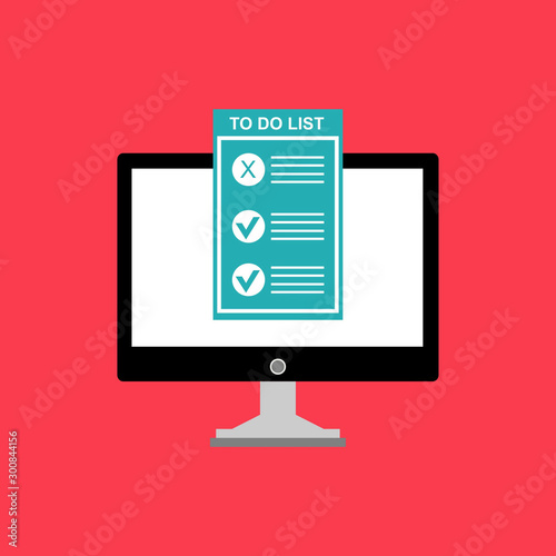 Laptop with To do list or planning icon concept. Paper sheets with check marks, abstract text and marker. Vector flat illustration isolated on color background