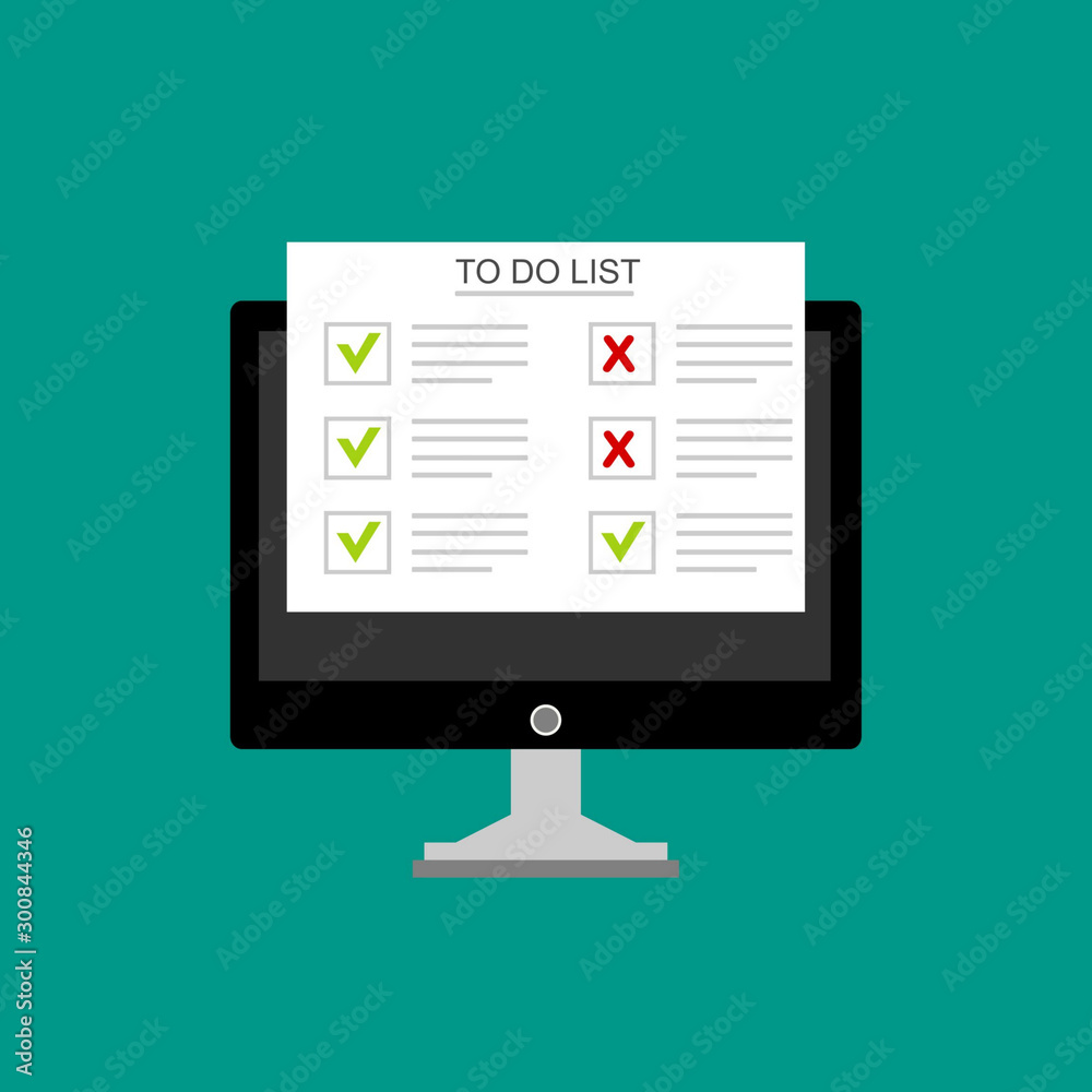 Laptop with To do list or planning icon concept. Paper sheets with check marks, abstract text and marker. Vector flat illustration isolated on color background Laptop with To do list or planning icon concept. Paper sheets with check marks, abstract text and marker. Vector flat illustration isolated on color background