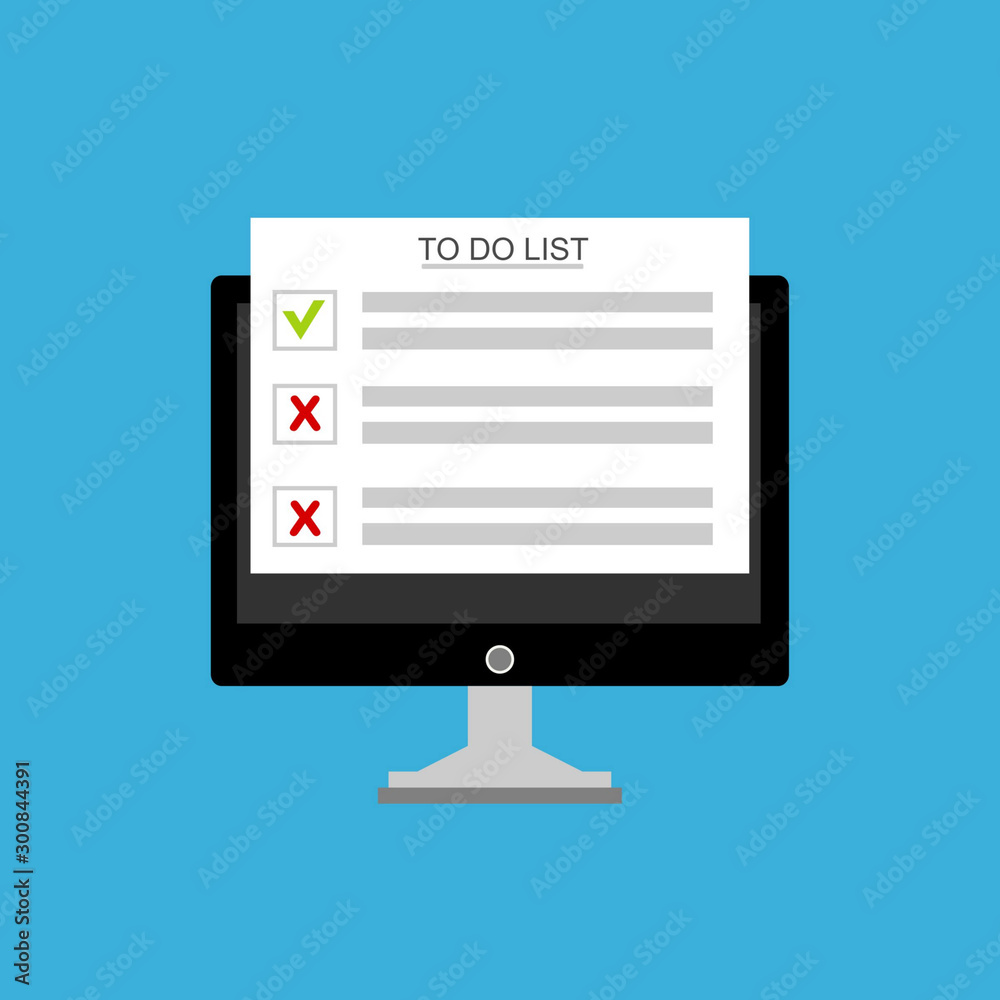 Laptop with To do list or planning icon concept. Paper sheets with check marks, abstract text and marker. Vector flat illustration isolated on color background Laptop with To do list or planning icon concept. Paper sheets with check marks, abstract text and marker. Vector flat illustration isolated on color background
