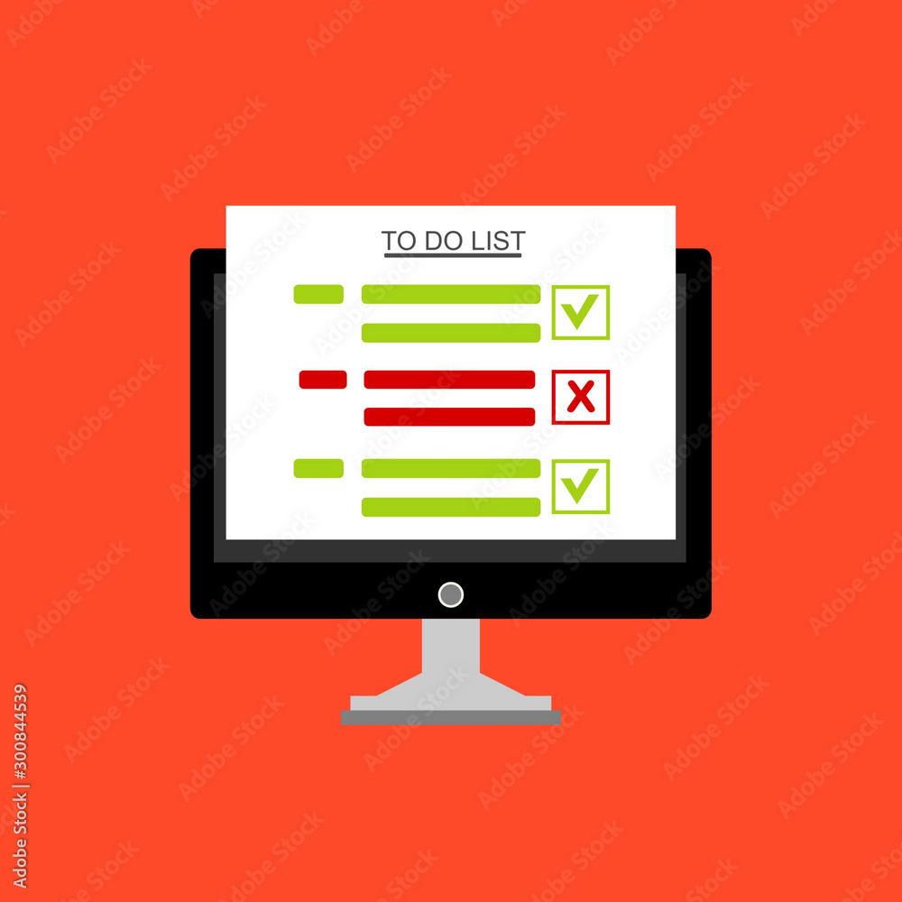 Laptop with To do list or planning icon concept. Paper sheets with check marks, abstract text and marker. Vector flat illustration isolated on color background Laptop with To do list or planning icon concept. Paper sheets with check marks, abstract text and marker. Vector flat illustration isolated on color background