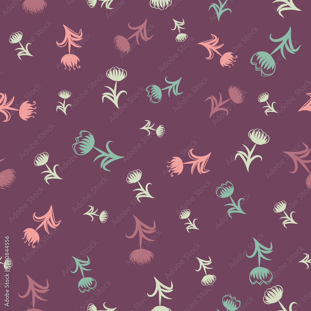 A seamless vector pattern with doodle tulips on a violet background. Girly surface print design. Great for cards, wrapping paper and fabrics.