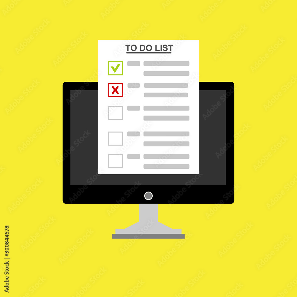 Laptop with To do list or planning icon concept. Paper sheets with check marks, abstract text and marker. Vector flat illustration isolated on color background Laptop with To do list or planning icon concept. Paper sheets with check marks, abstract text and marker. Vector flat illustration isolated on color background