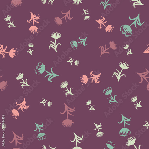 A seamless vector pattern with doodle tulips on a violet background. Girly surface print design. Great for cards, wrapping paper and fabrics.