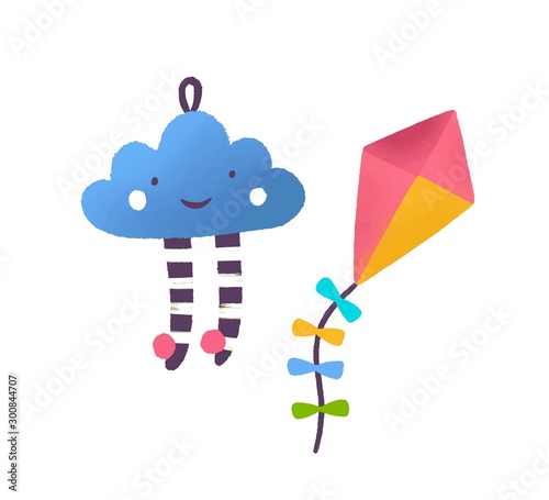 Toy cloud and kite flat vector illustration