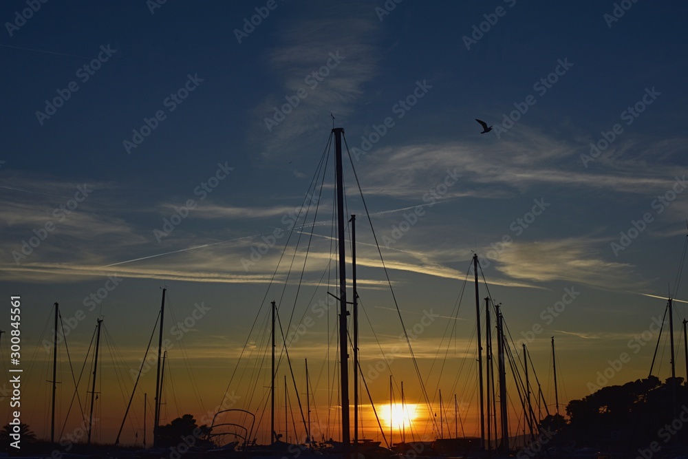 Silhouette of the sailing boats in the sunset. Horizon and ships