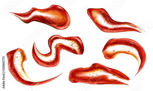 Ketchup splashes set top view, tomato sauce splatter blobs isolated on white background. Liquid chili paste smears, mock up design elements for food ads. Realistic 3d vector illustration, clip art