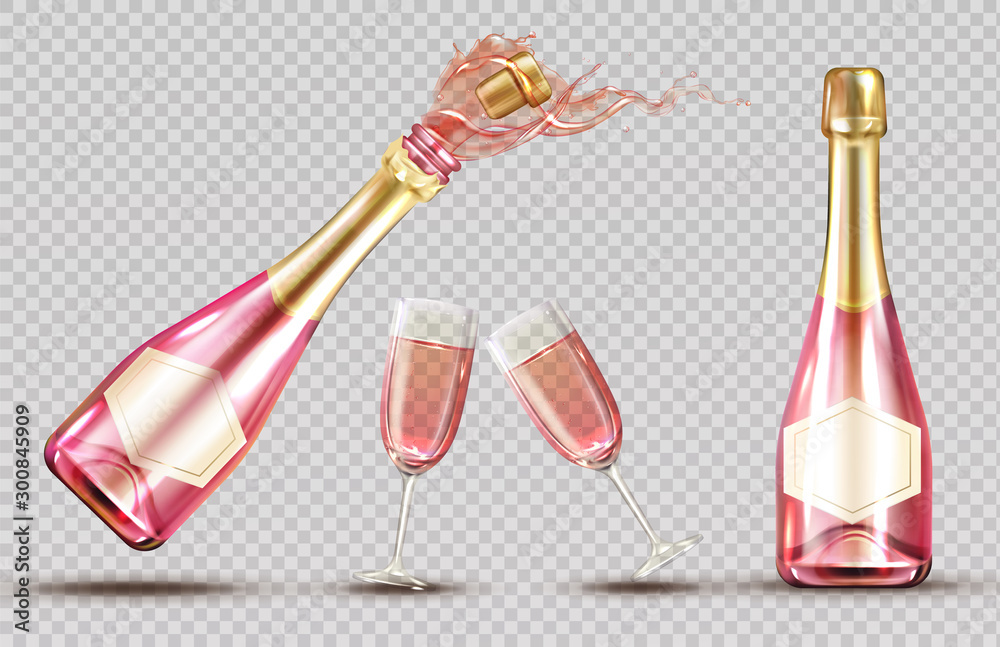 Obraz Pink champagne explosion bottle and wineglass set. Closed and