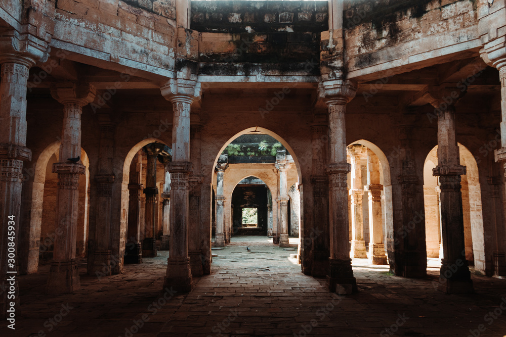 View of the pillars inside the Uparkot Fort in Junagadh, Gujarat, India