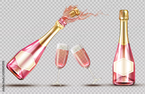 Pink champagne explosion bottle and wineglass set. Closed and open bubbly flasks with glasses, sparkling wine drink mockup isolated on transparent background. Realistic 3d vector illustration, clipart