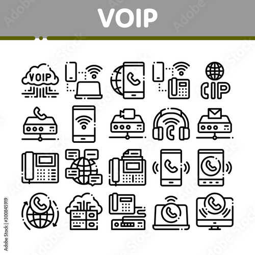 Voip Calling System Collection Icons Set Vector Thin Line. Server For Voice Ip And Cloud, Smartphone And Phone, Wifi Mark And Headphones Concept Linear Pictograms. Monochrome Contour Illustrations