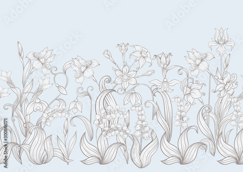 Spring flowers. Narcissus, Iris flower, lily of the valley, may-lily, Seamless pattern, background. In vintage beige colors.. Vector illustration. In art nouveau style, vintage, old, retro style