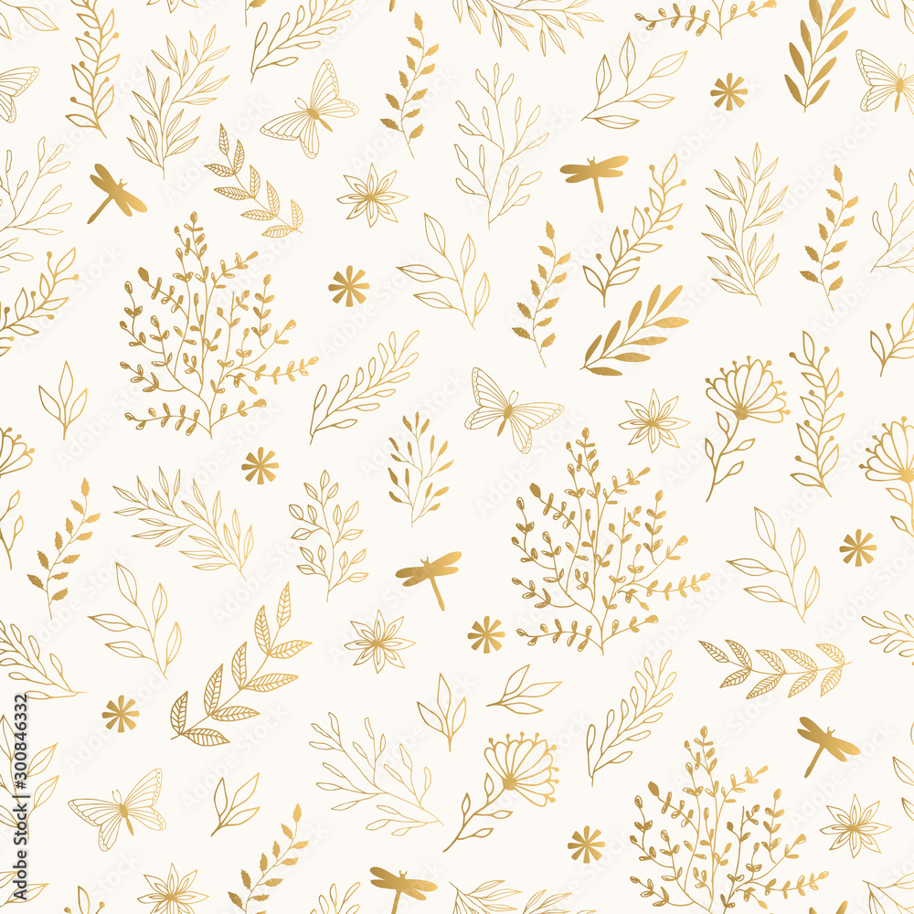 Luxury golden pattern with flowers, leaves, dragonfly and butterfly. 