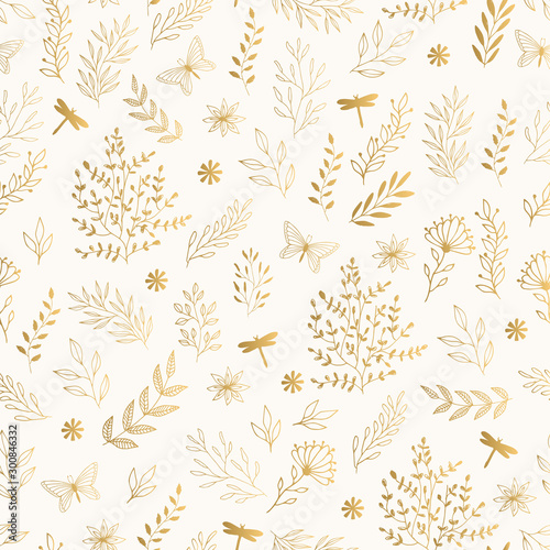 Luxury golden pattern with flowers, leaves, dragonfly and butterfly. 