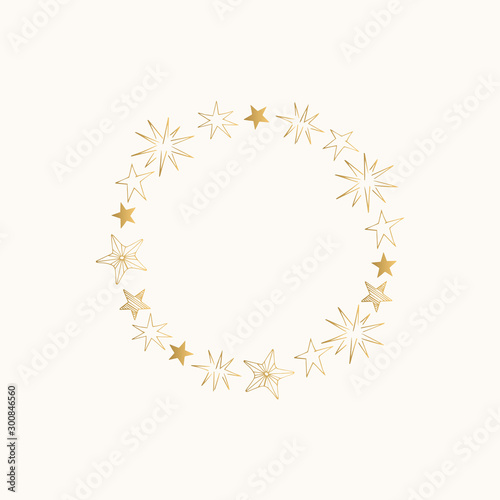 Golden stars frame. Hand drawn glitter border. Vector isolated illustration.