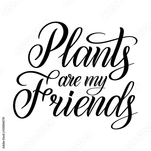 Plants are my friends. Eco graphic phrase. Vegetarian quote. Black isolated cursive. Calligraphic style. Hand writing script. Brush pen lettering. Vector clip art element.