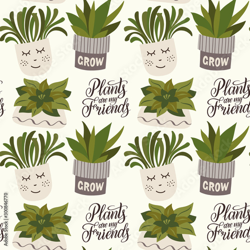 Home potted plants and quote Plants are my Friends seamless pattern. Houseplants in pots graphic design. Flat vector illustration in cozy Scandinavian hygge style. photo