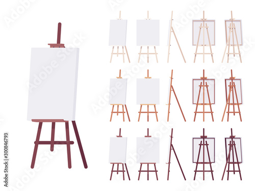 Wooden easel stand set with empty white canvas. Art and artist studio tripod display for amateur and professional painting, sketching. Vector flat style cartoon illustration, different colors and view