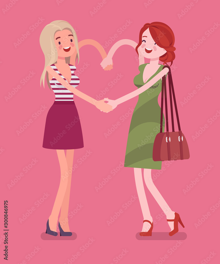 Female friendship hand heart gesture. Happy young girls enjoy fun, companions, close friends in romantic or good relationship, smiling girlfriends together. Vector flat style cartoon illustration Female friendship hand heart gesture. Happy young girls enjoy fun, companions, close friends in romantic or good relationship, smiling girlfriends together. Vector flat style cartoon illustration