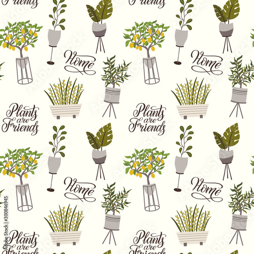 Home potted plants and quotes Plants are Friends seamless pattern. Houseplants in pots graphic design. Flat vector illustration in cozy Scandinavian hygge style.