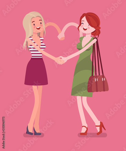 Female friendship hand heart gesture. Happy young girls enjoy fun, companions, close friends in romantic or good relationship, smiling girlfriends together. Vector flat style cartoon illustration