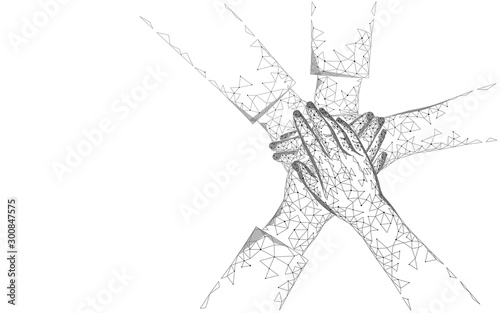 People give five hands together. Team work success supporting professional connections. Hand stack friendship woman united power teamwork achievement partnership. Low poly vector illustration © LuckyStep