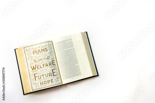 Jeremiah 29:11 open holy bible christian verse quote template mock up isolated background flat lay top view shot