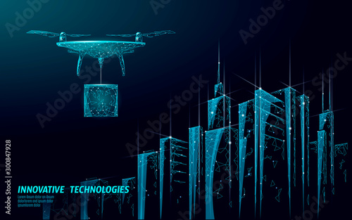 No drones city low poly banner template. Regulation of unmanned aerial vehicles sky delivery. Law ban aircraft privacy protection. Private zone information security. Polygonal vector illustration