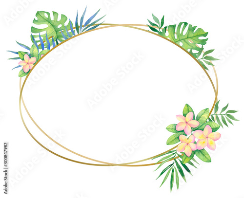 Golden round frame with tropical flowers and leaves. Watercolor illustration for invitations, holiday cards, design.