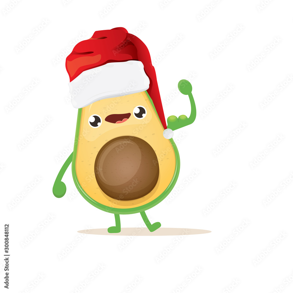Fototapeta premium cartoon happy avocado character with red santa claus hat isolated on white background. vector christmas fruit funky character with red cap. Christmas design elements for poster, postcard, banners