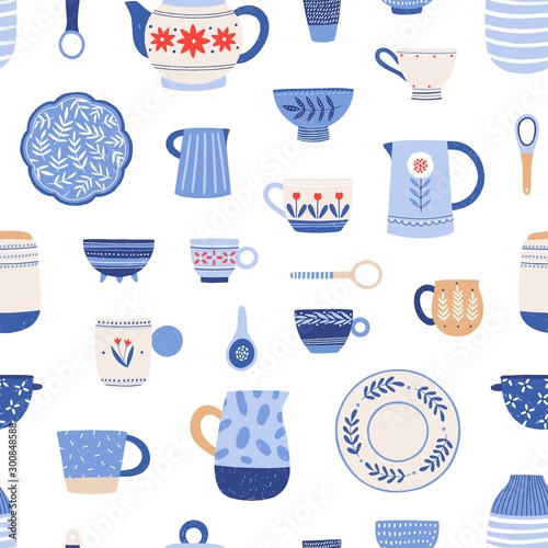 Pottery, hand painted crockery vector seamless pattern. Clay utensil items colorful texture. Earthenware in rustic style drawing. Creative fabric, textile, wallpaper, wrapping paper design.