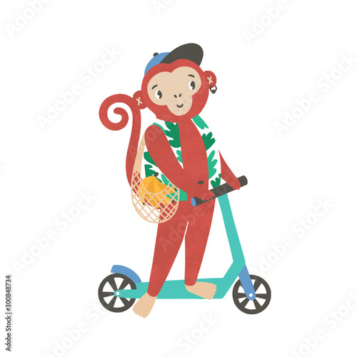 Little monkey on kick scooter flat vector illustration