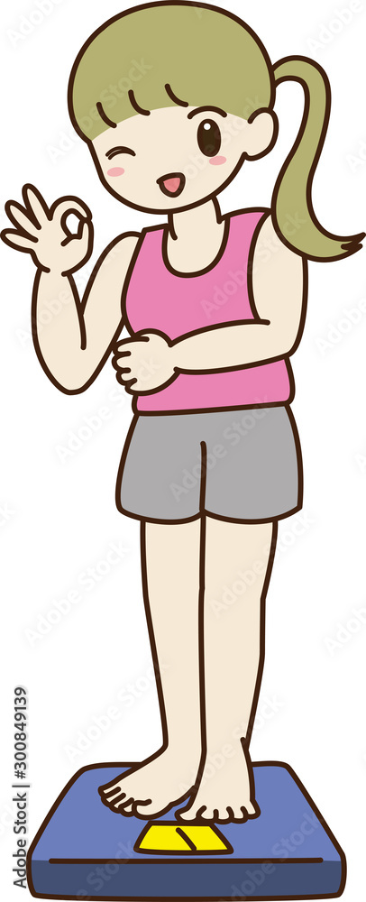 Young smiling woman riding on weight scale in gym Young smiling woman riding on weight scale in gym