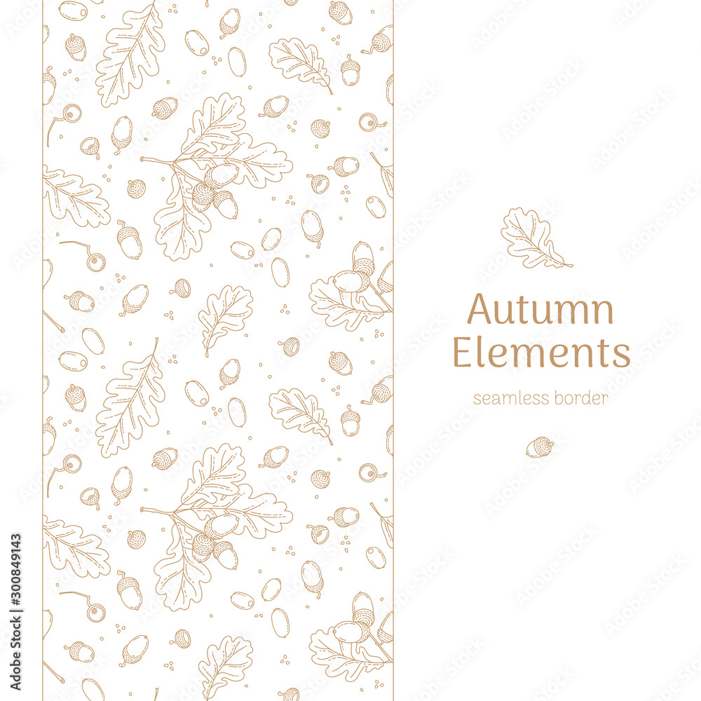 Vector seamless pattern, border with autumn oak leaves, acorns. Pattern in line art style.