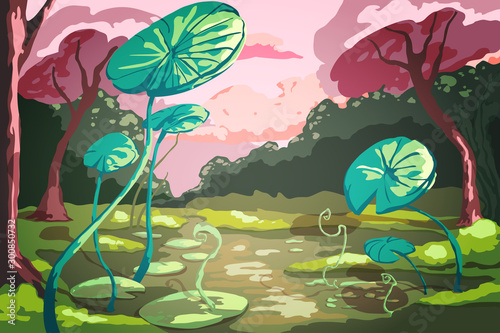 Summer landscape with giant green lotus leaves in the pond. Sunset scenery with beautiful pink trees. Vector illustration
