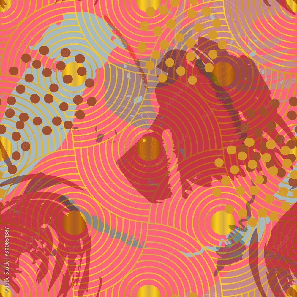 Asian colorful abstract vector seamless pattern. Paint splashes and brush strokes in warm colors , inspired by oriental fabrics and textiles create  modern expressive background