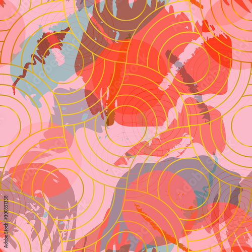 Asian colorful abstract vector seamless pattern. Paint splashes and brush strokes in warm colors , inspired by oriental fabrics and textiles create modern expressive background