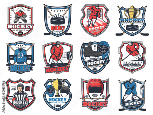 Ice hockey winter sport, isolated heraldry icons