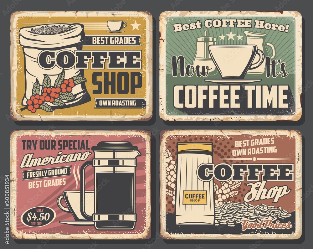 Retro coffee shop, cup of hot drink and beans Stock Vector | Adobe Stock