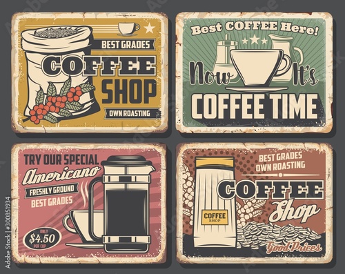 Retro coffee shop, cup of hot drink and beans
