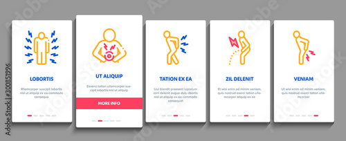 Body Ache Onboarding Mobile App Page Screen Vector Thin Line. Headache And Toothache, Backache And Arthritis, Stomach And Muscle Ache, Eye And Foot Pain Linear Pictograms. Contour Illustrations