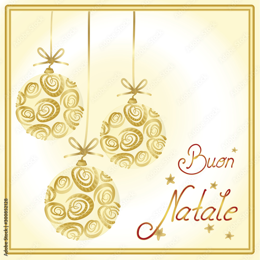 Naklejka premium Drei creamfarbige Christbaumkugeln mit Rosenornamenten und Text Buon Natale in einem goldenen Rahmen.