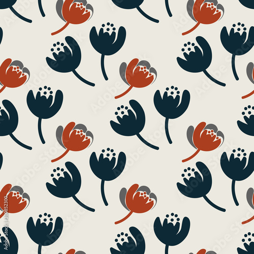 A seamless vector graphic pattern with navy and red tulips on a light background. Surface print design.