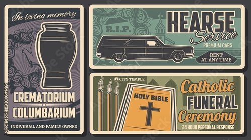 Hearse rent, cremation urn. Bible funeral ceremony