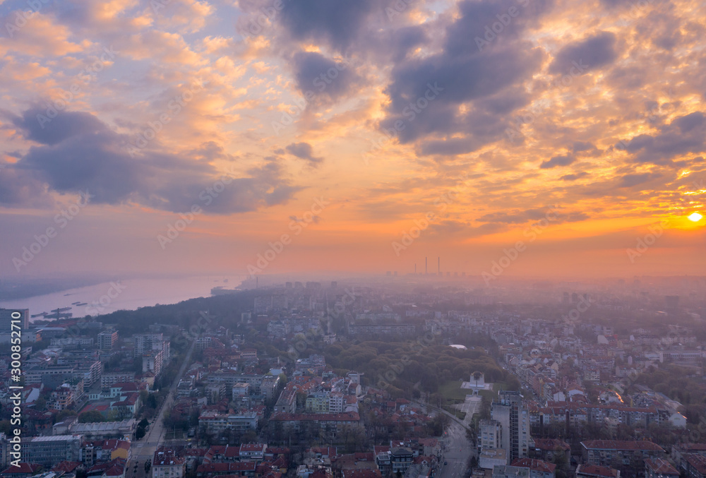 Aerial view of old city at sunrise