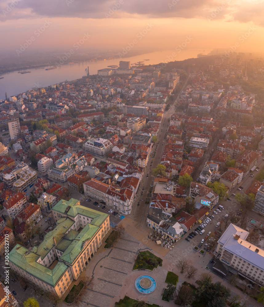 Aerial cityscape at sunrise