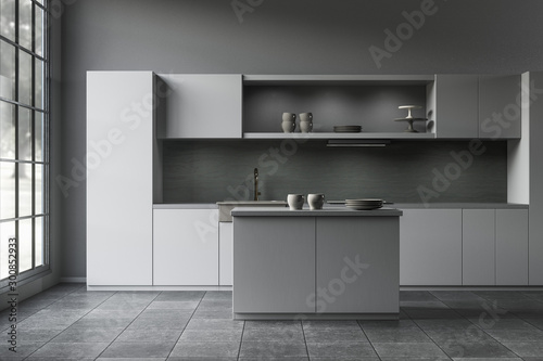 3D rendering of a dark and moody modern build-in open plan kitchen with kitchen island