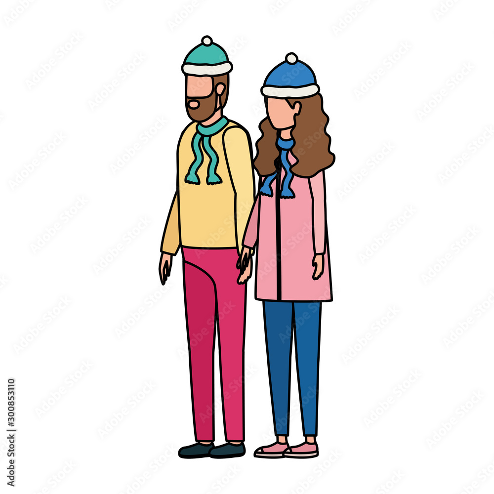 young lovers couple with christmas hat characters young lovers couple with christmas hat characters