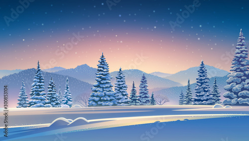 Winter evening landscape with mountains and snow-covered trees in the foreground. Raster illustration. © Rustic