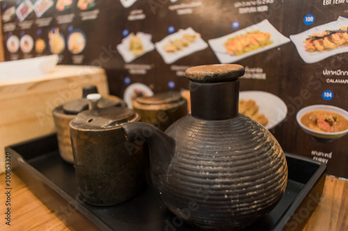 Fototapeta Naklejka Na Ścianę i Meble -  Japanese condiment set. Set on the table in a Japanese restaurant.