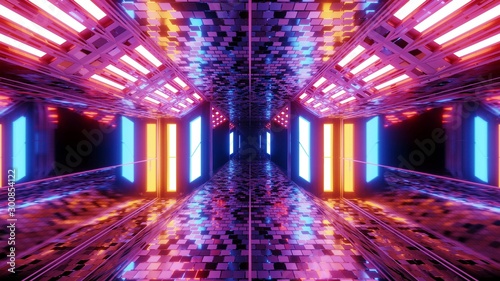 futuristic sci-fi hangar tunnel corridor with brocks textur and nice reflections 3d illustration background wallpaper